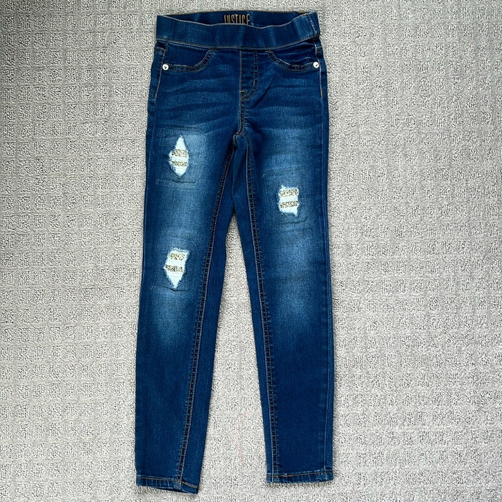 Justice Mid Rise Denim Jegging Dark Blue Distressed Glitter Patches Girls 8 Slim